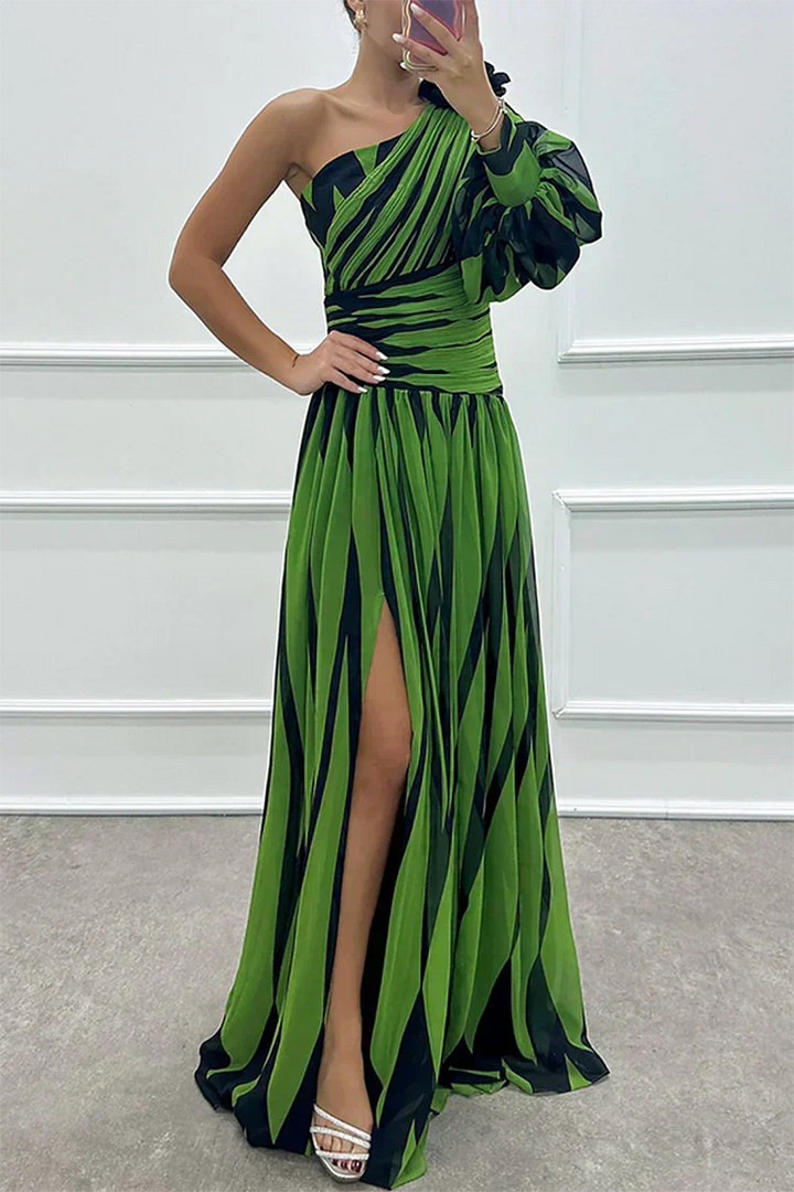 Aurora Elegant Striped Dress with One Shoulder - Elena Harper
