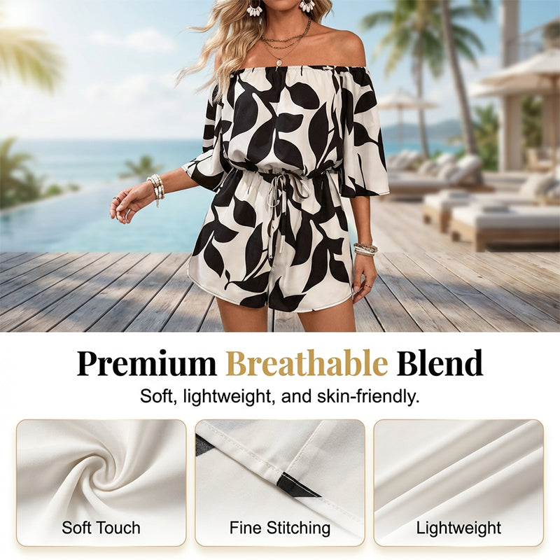 Women's Off-Shoulder Short Jumpsuit with Adjustable Waist