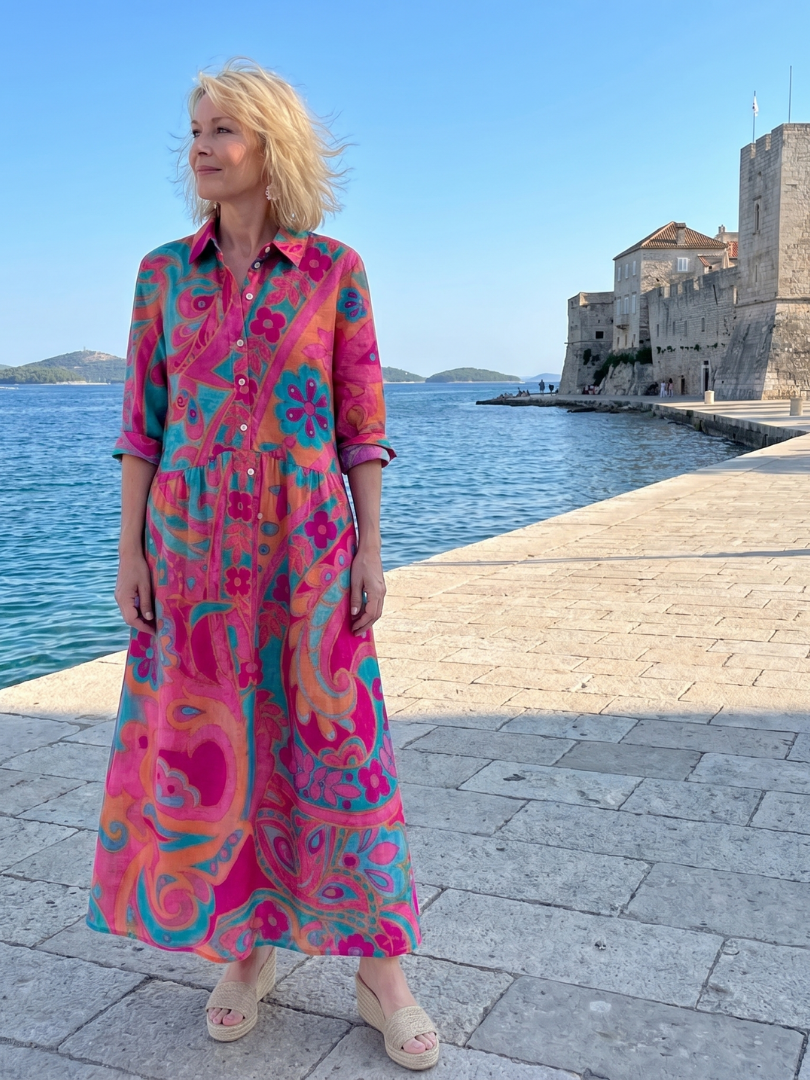 Women's Printed Midi Dress with Buttoned Shirt Collar - Elegant and Easy to Wear