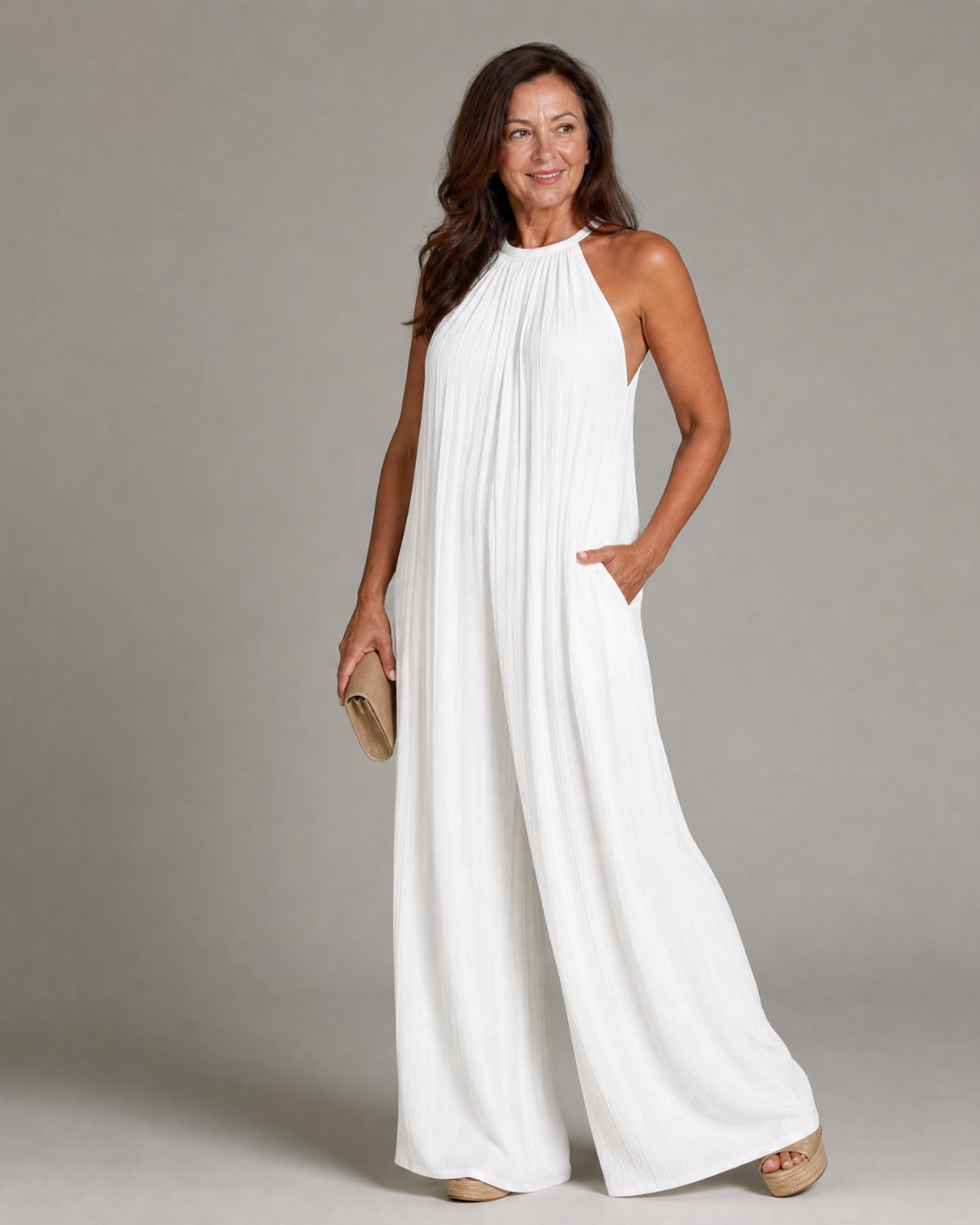 Sylvara Pleated Halter Neck Wide Leg Relaxed Jumpsuit - Elena Harper