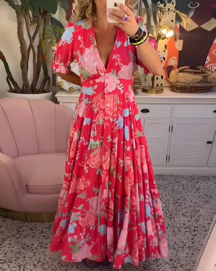 Carine Floral Dress with V-neck and Pockets - Elena Harper