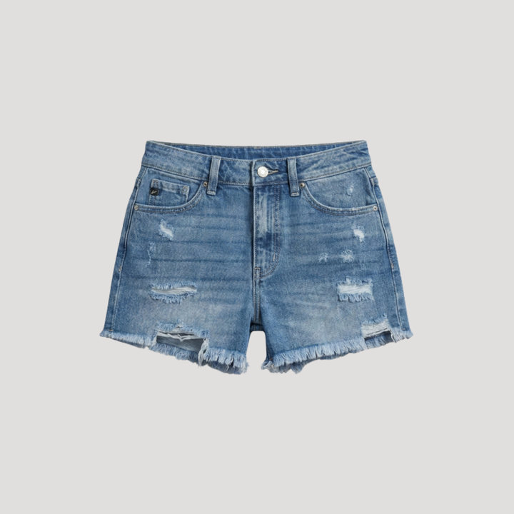 High-Waisted Ripped Denim Shorts for Women, view 5 - Elena Harper
