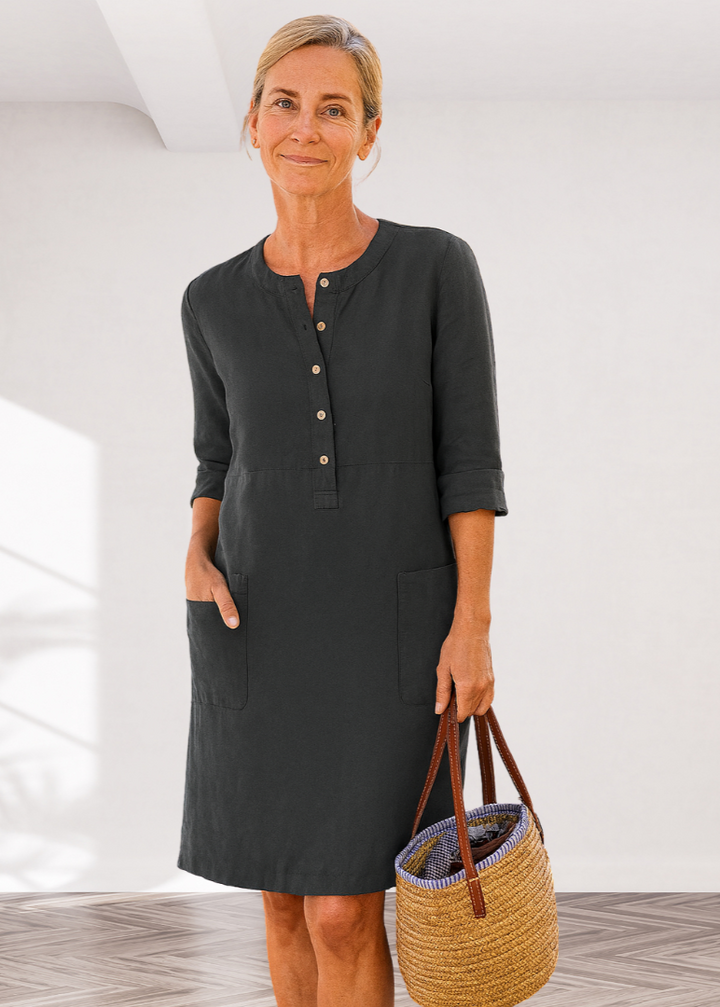 Classic Casual Midi Dress for Women – Loose Fit with Pockets