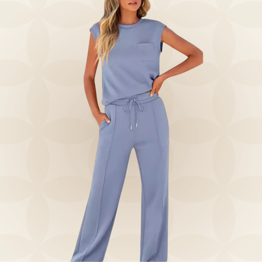 Elegant women's outfit with sleeveless top and flowy wide pants, view 4 - Elena Harper