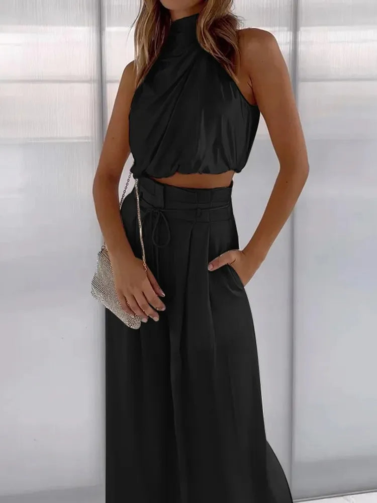 Chic 2-Piece Set – Backless Crop Top and Wide-Leg Palazzo Pants for Women