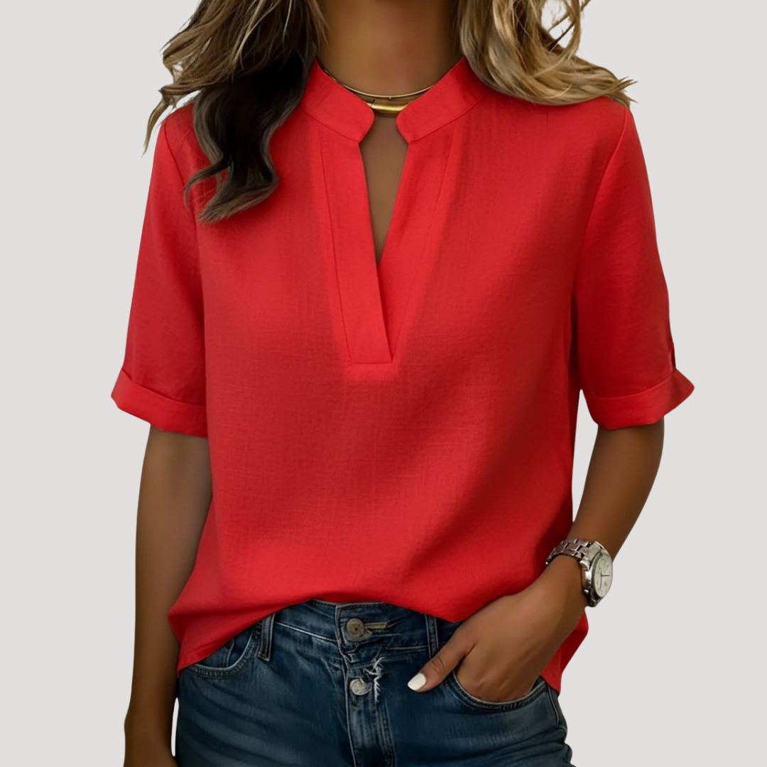 Chic Women's Blouse with V-Neck and Short Sleeves