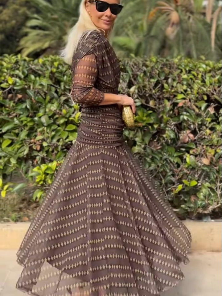 Bohemian Patterned V Neck Mesh Maxi Dress