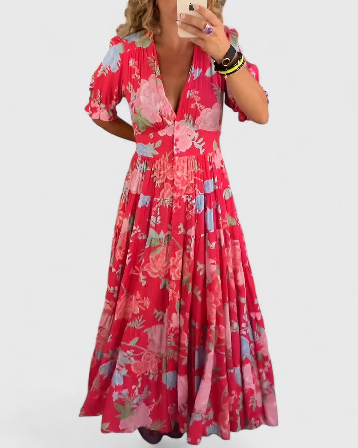 Minelda Elegant Floral V-neck Dress - Elena Harper