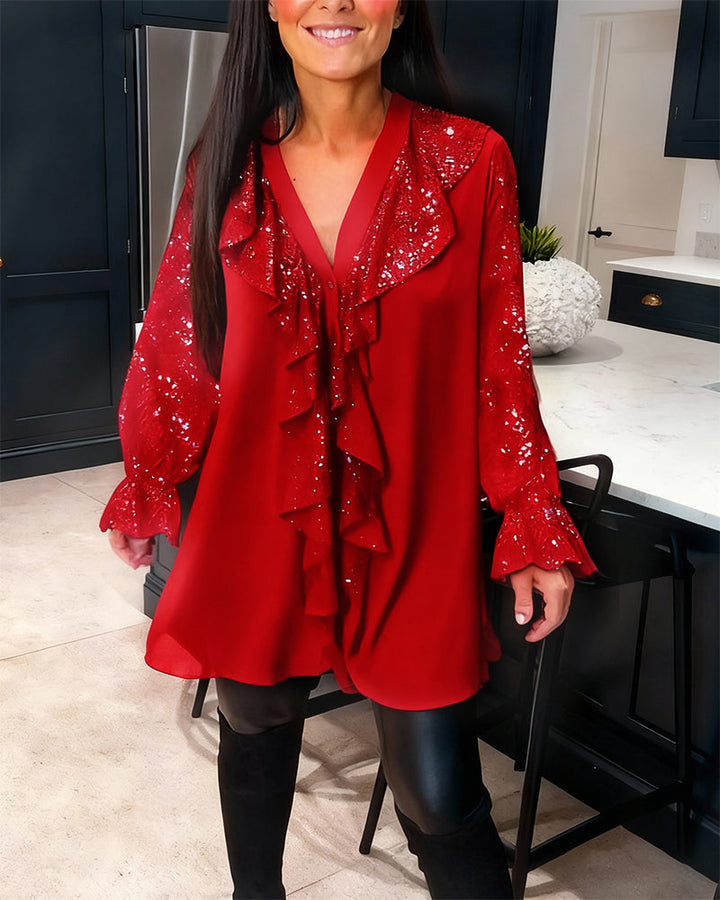 Alexiss Blouse with V-Neck and Sparkling Ruffles - Elena Harper