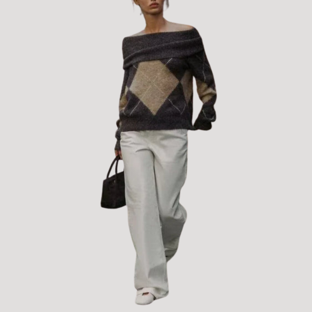 Women's Argyle Off-Shoulder Sweater