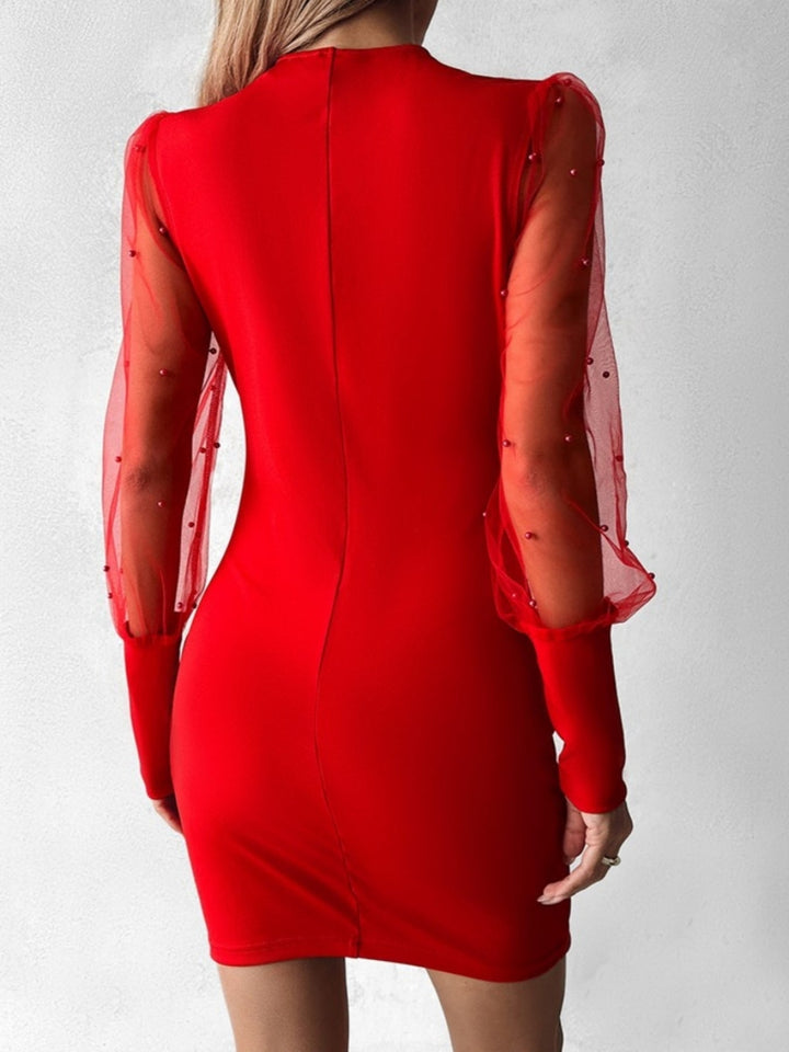 Yamato - Beaded Pleated Dress With Tulle Sleeves