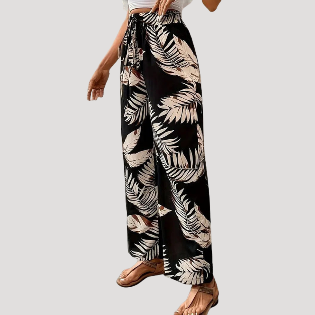 Women's Wide-Leg Tropical Print Pants with Drawstring Waist