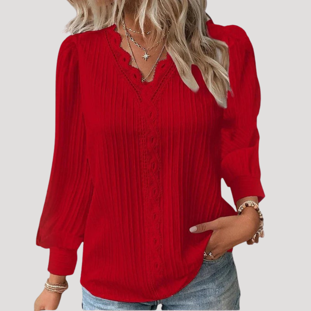 Elegant Women's Pleated Lace V-Neck Blouse
