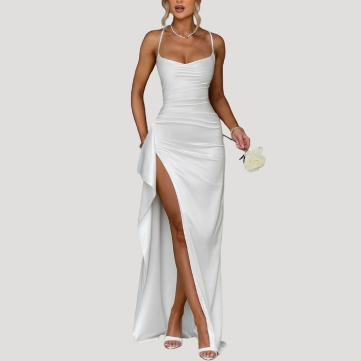 Long Satin Dress for Women with Draped Neckline and High Slit
