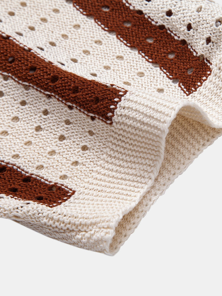 STRIPED SHIRT WITH KNITTED EYELETS & STRAIGHT LEG LINEN PANTS