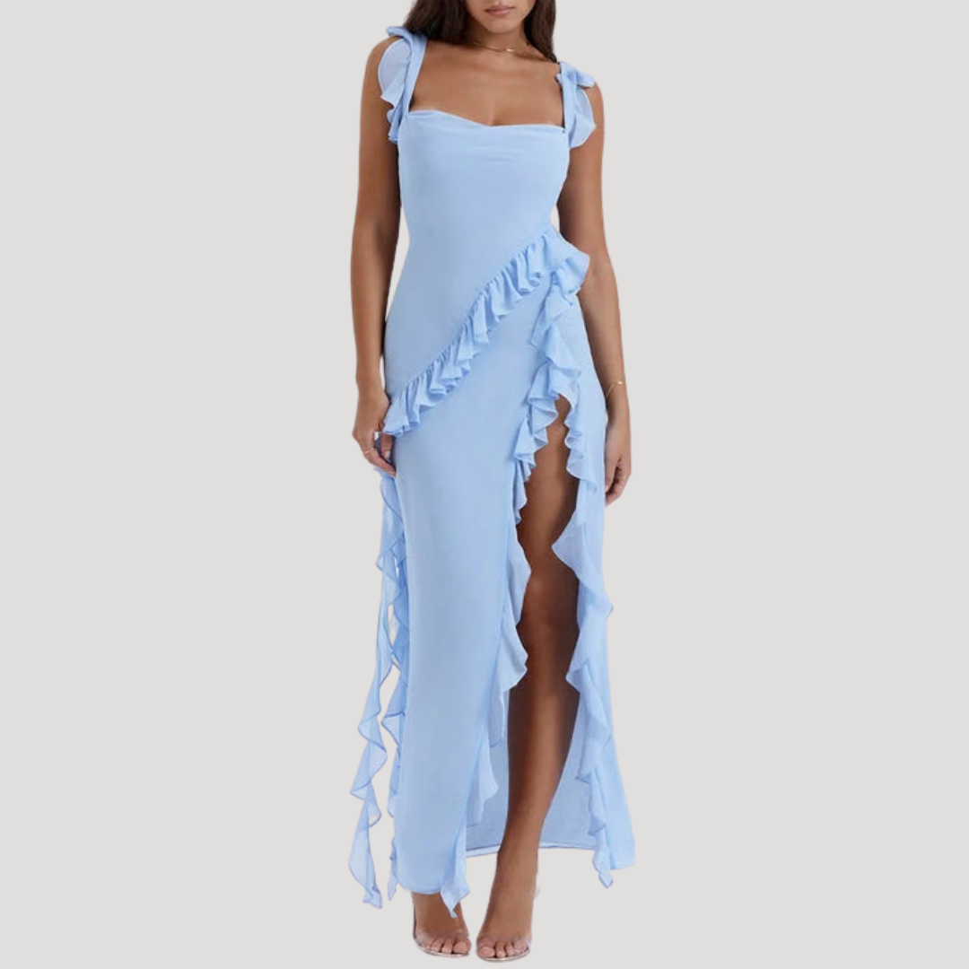Elegant Long Split Dress with Ruffles