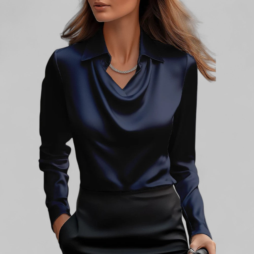 Rose Women’s Draped Neck Long Sleeve Satin Blouses - Elena Harper