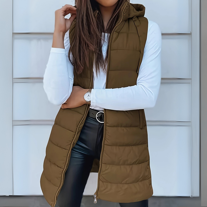 Eirwen Hooded Long Puffer Vest with Lightweight Build for Women - Elena Harper