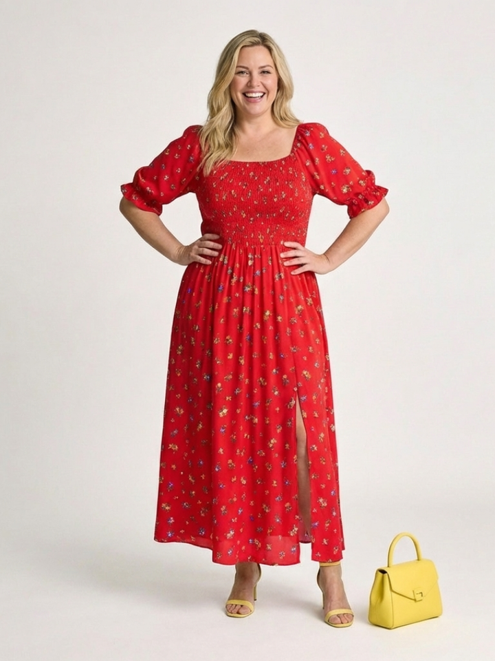 Delphine Square Neck Floral Puff Sleeve Midi Dress - Elena Harper