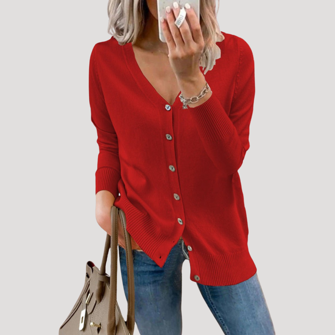Women's V-Neck Knit Cardigan with Ribbed Cuffs