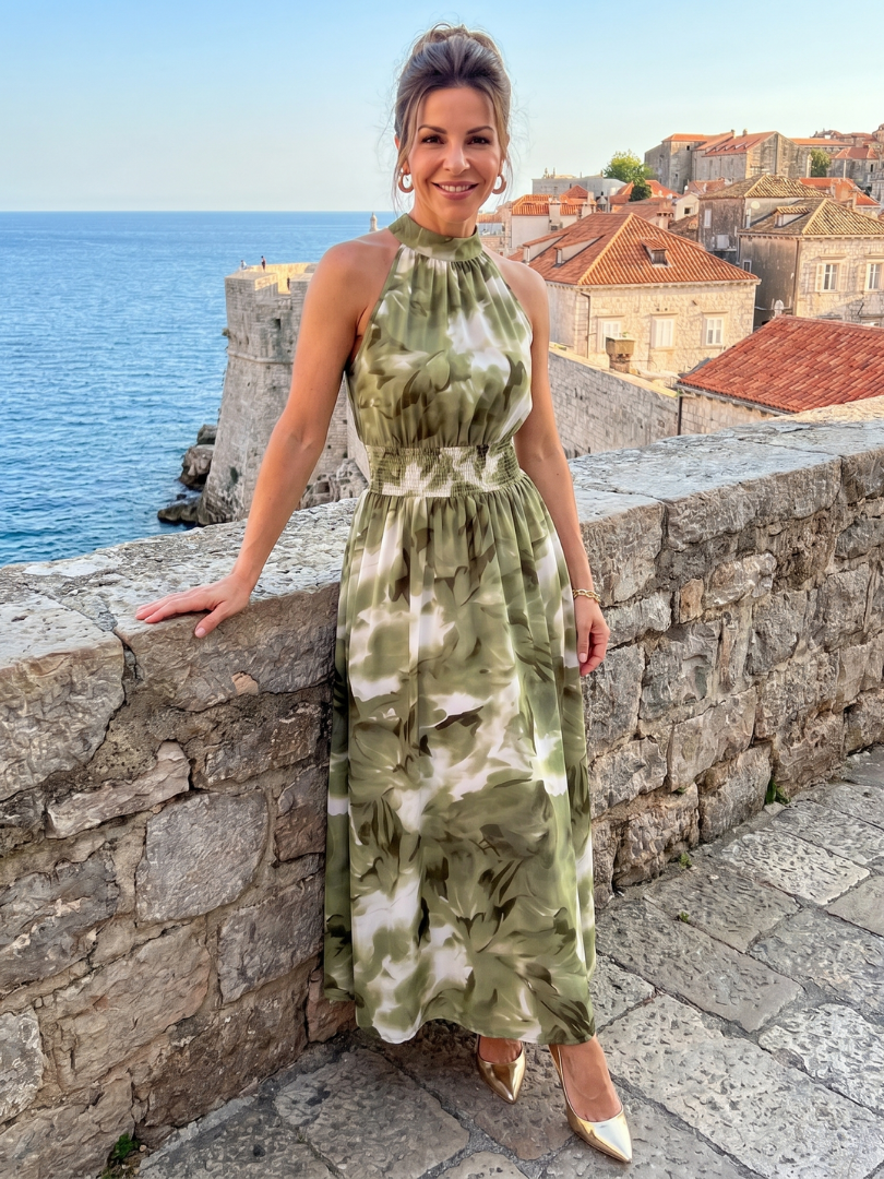 Women's Midi Dress with Abstract Print and Gathered Waist Flowing and Elegant, view 7 - Elena Harper