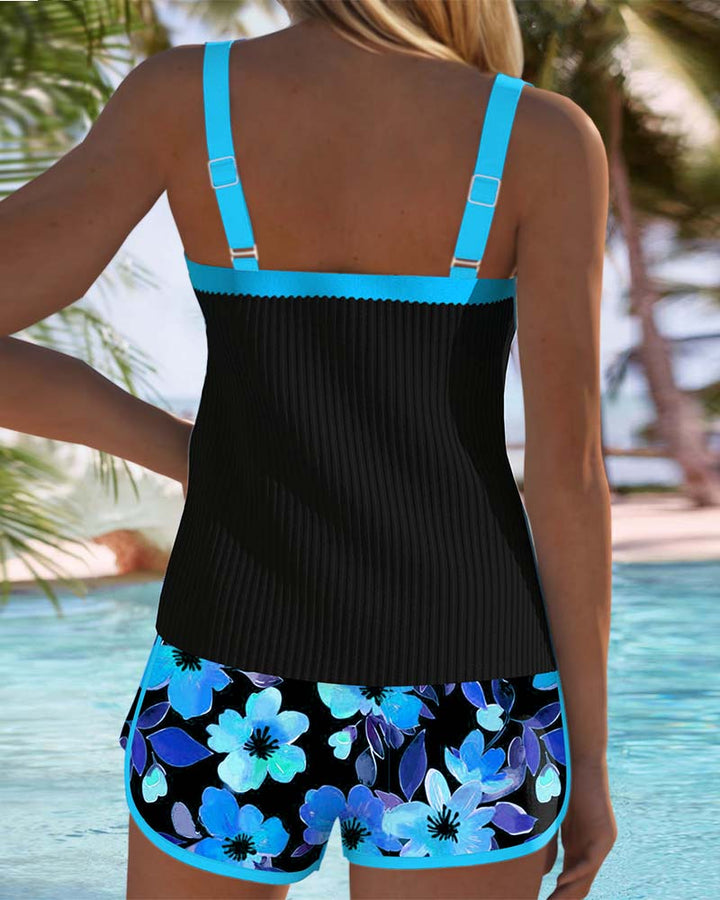 Women's Two-Piece Ribbed Tankini Top with Floral Contrast Trim Shorts