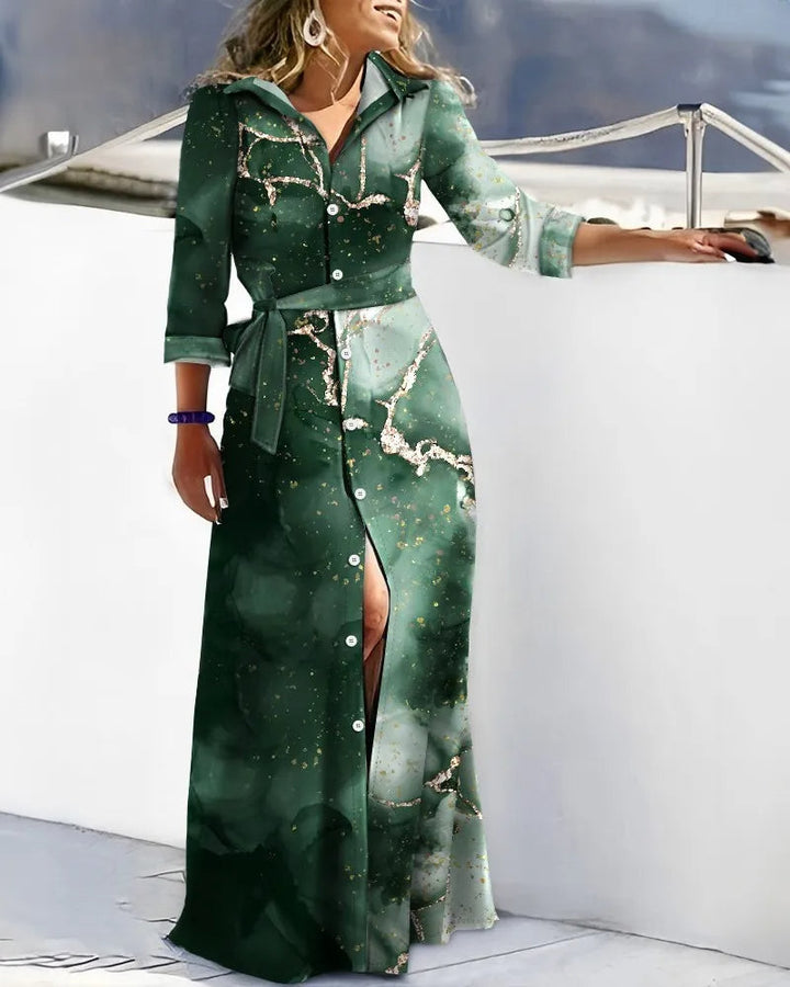 Women's Printed Shirt Midi Dress with Belt | Long Sleeve Style