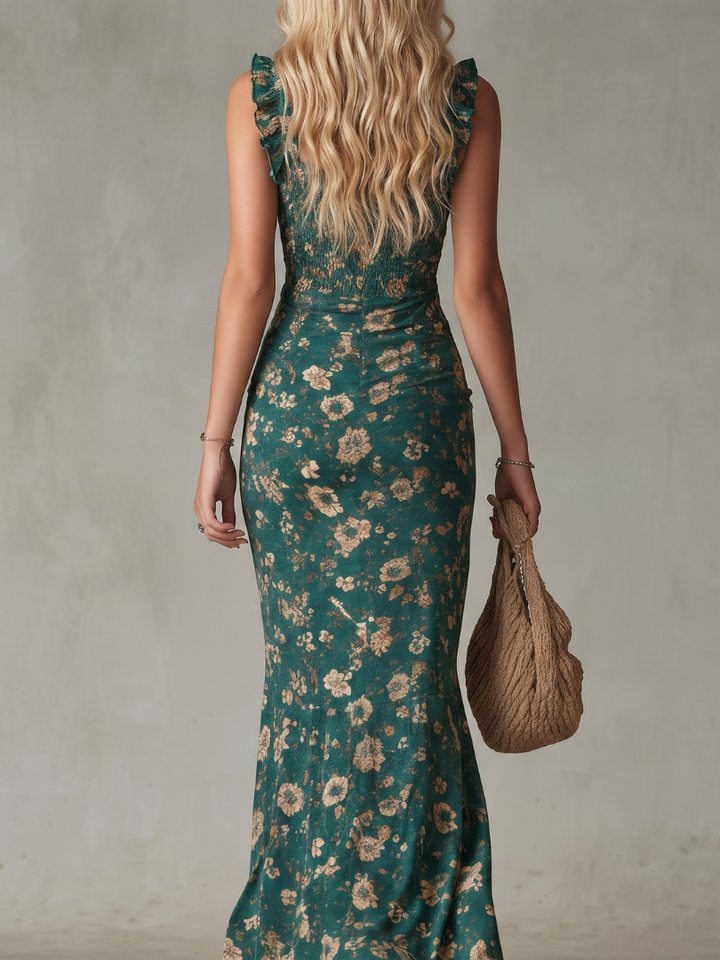 Women's Elegant Smocked Ruffle Strap Midi Dress
