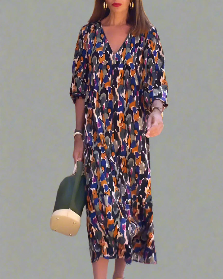 Walburga Retro Maxi Dress with V-Neck and Elegant Comfort - Elena Harper