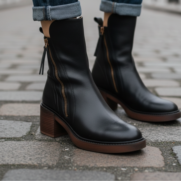 Marcel Black Leather Ankle Boots with Comfortable Heel - Elena Harper