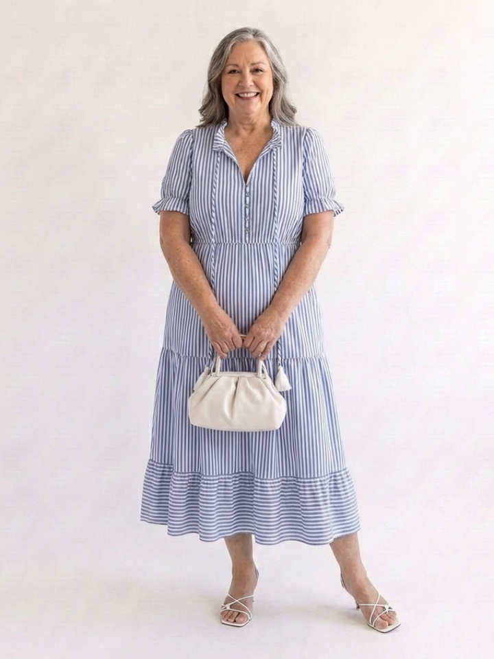 Dakota Short Sleeve Striped Tiered Midi Dress - Elena Harper