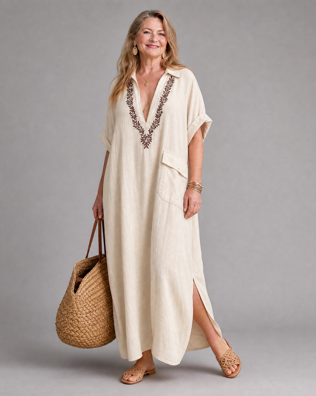 Elakeja Embroidered V Neck Pocket Detail Relaxed Midi Dress - Elena Harper