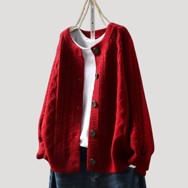 Women's Twisted Knit Cardigan with Round Neck