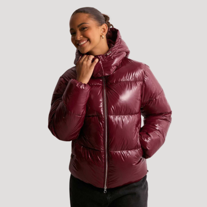 Women's Hooded Puffer Jacket with Shiny Finish