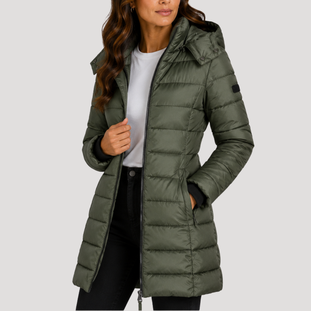 Long Women's Puffer Jacket with Hood and Zipper Closure