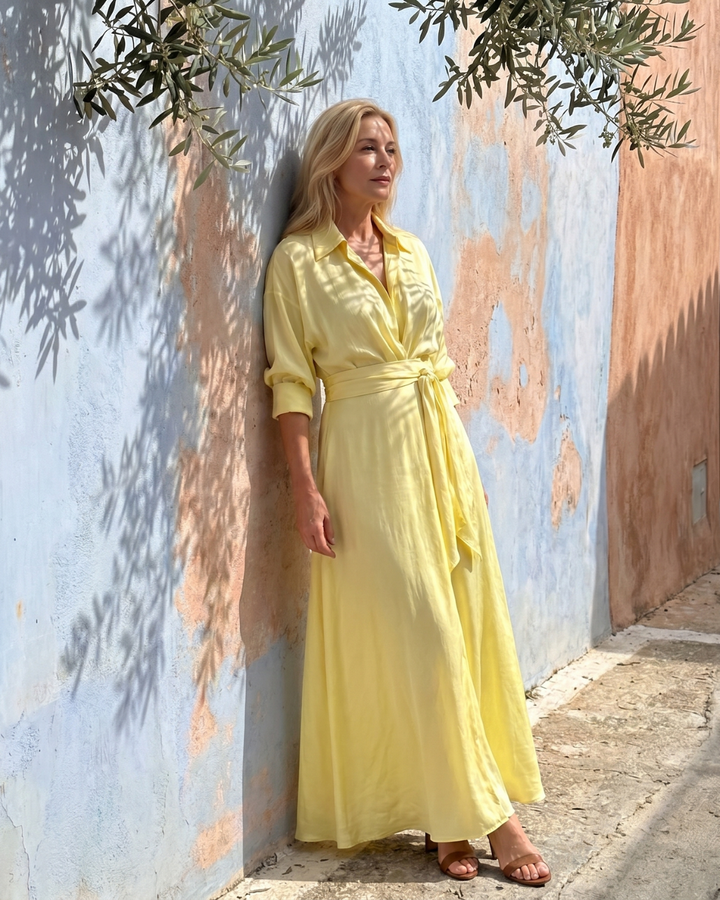 Zelith Belted Collared Flowing Long Sleeve Midi Dress - Elena Harper