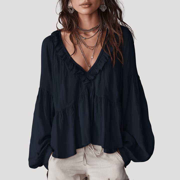 Women's V-Neck Blouse with Ruffles and Long Sleeves