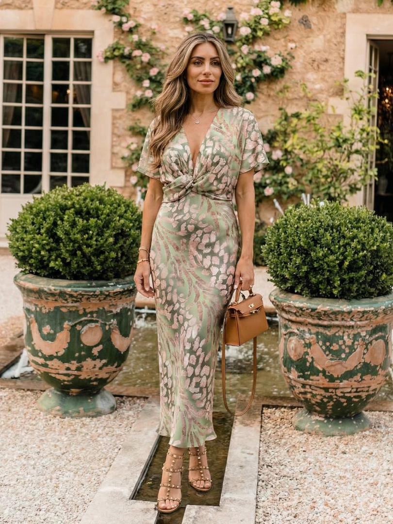 Coralie Abstract Print V Neck Twist Waist Midi Dress, view 5 - Elena Harper
