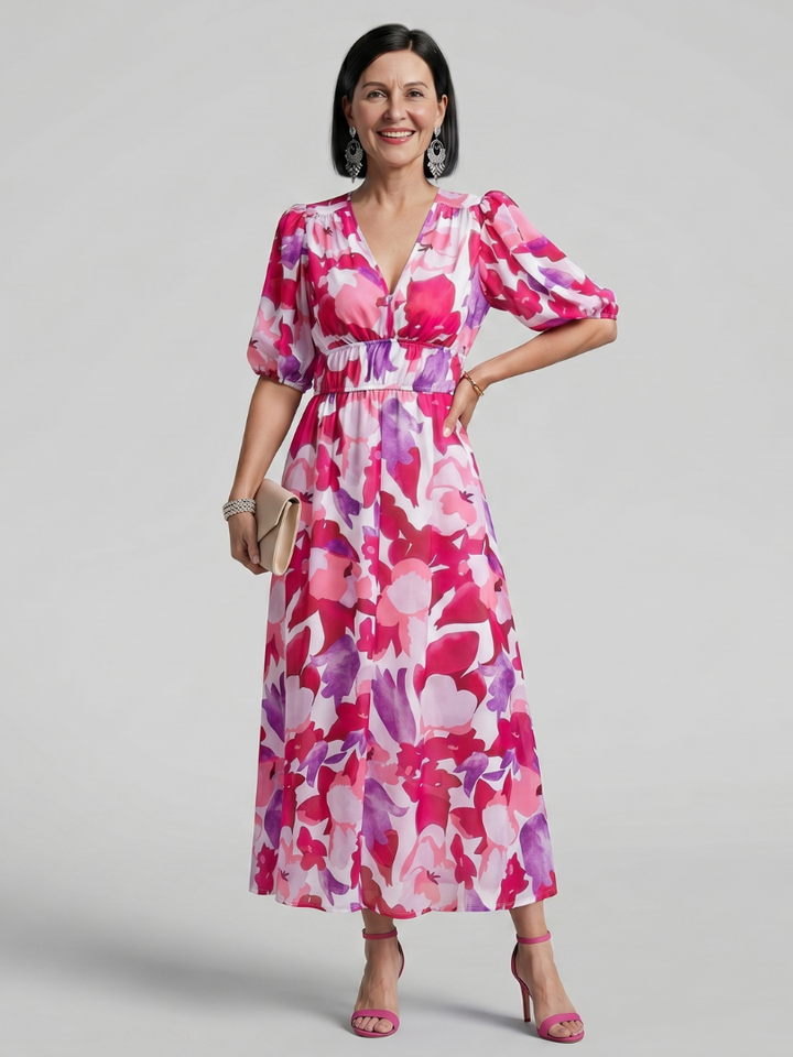 Candlia Puff Sleeve V Neck Abstract Print Midi Dress - Elena Harper