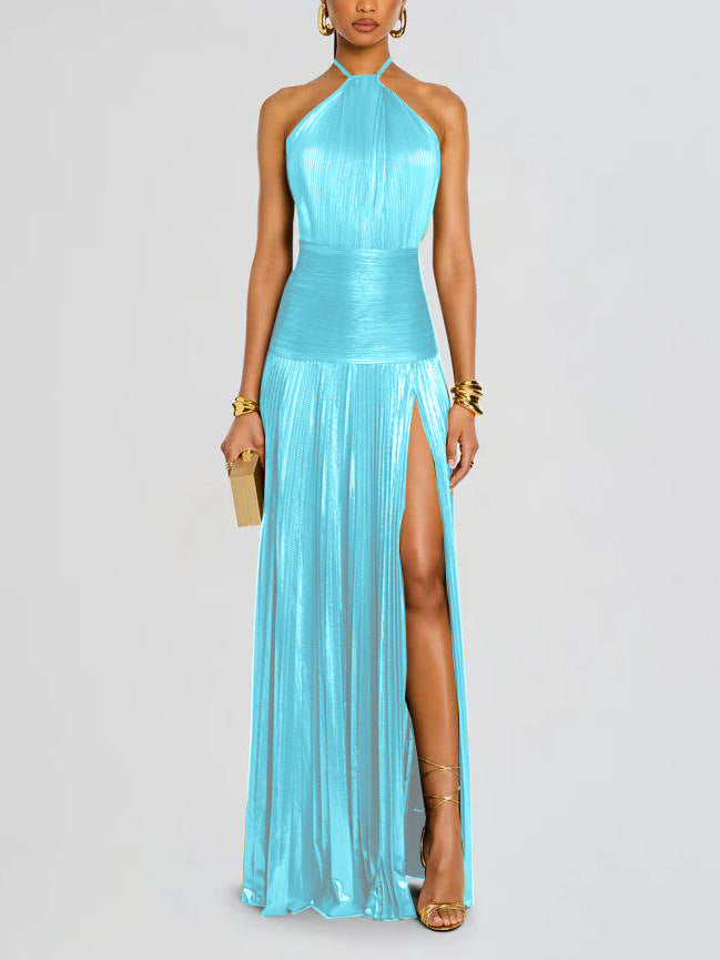 Fashion Metallic Pleated Halter Dress - Elena Harper