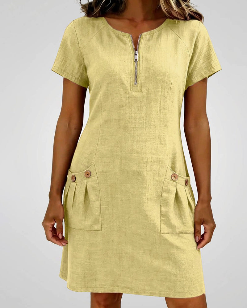 Short Linen and Cotton Dress with Zipper Closure Elegant A-Line Cut - Elena Harper