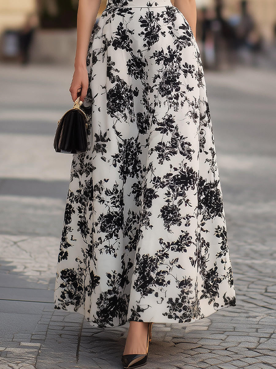 Black Puff Sleeve Bodice & Black Floral Print Maxi Dress - Elena Harper