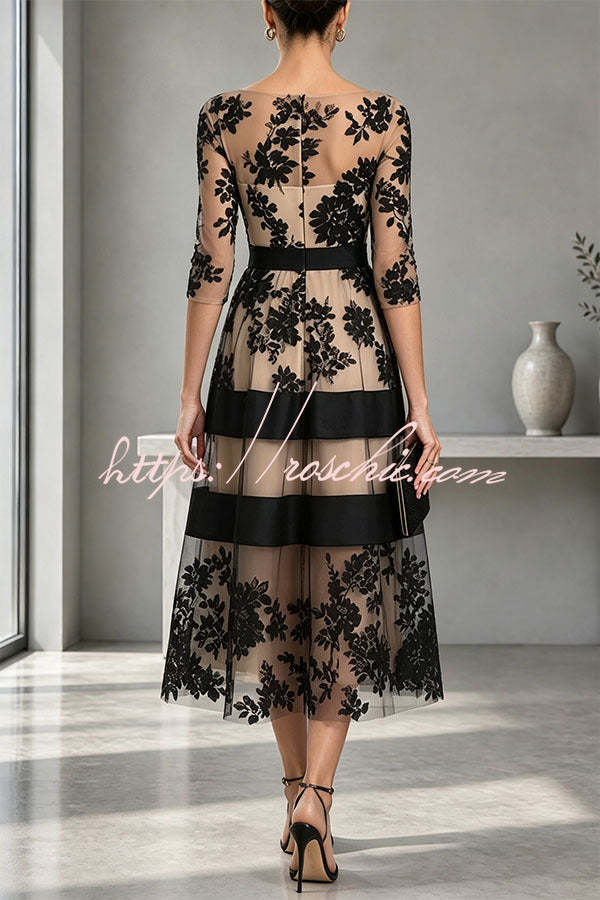 Alana Flower Mesh Colorblock Boat Neck Half Sleeve A-line Midi Dress, view 5 - Elena Harper