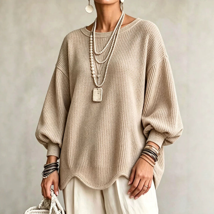 Women’s Top - Round Neck, Puff Sleeves, and Wavy Hem