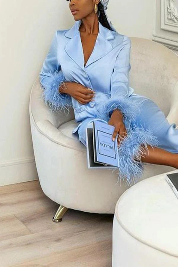 Solid Color Lapel Feather Trousers Two-piece Suit - Elena Harper