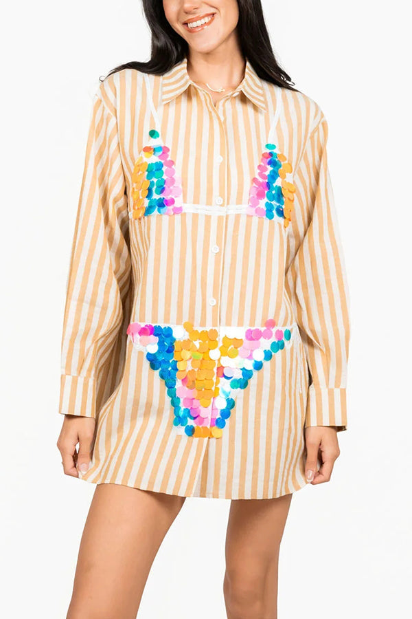 Vacation Vibe Gold Sequin Long-sleeved Bikini Pattern Blue & White Stripe Button Up Pocket Tunic (Shipped Within 24 Hours)