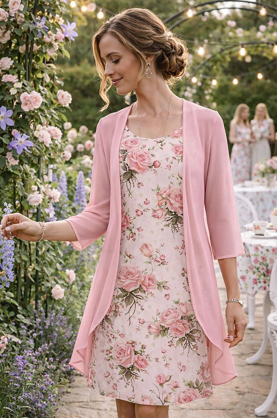 Women's Floral Dress Set with Matching Lightweight Cardigan