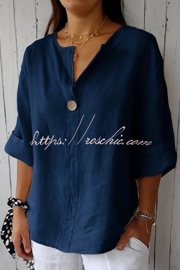Solid Color Casual Button V-neck Loose Top, view 2 - Elena Harper