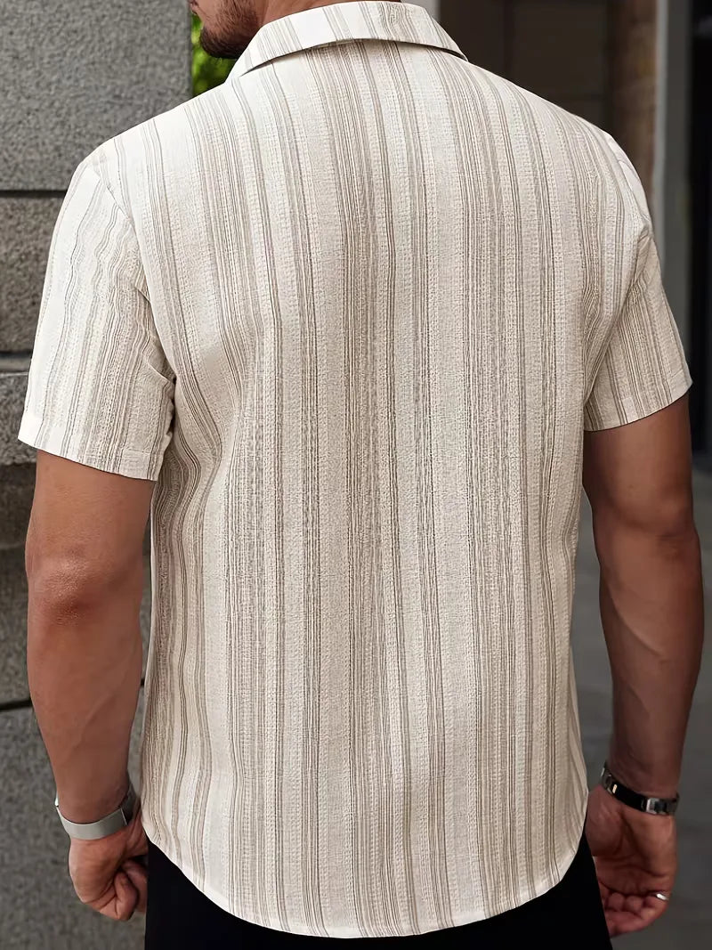 Textured Vertical Stripe Short Sleeve Button Shirt For Men