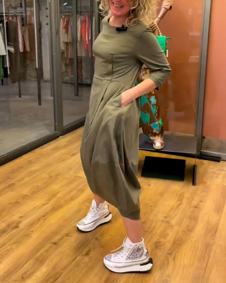 Ladies Dress with Round Neck and 3/4 Sleeves – Tailored Fit